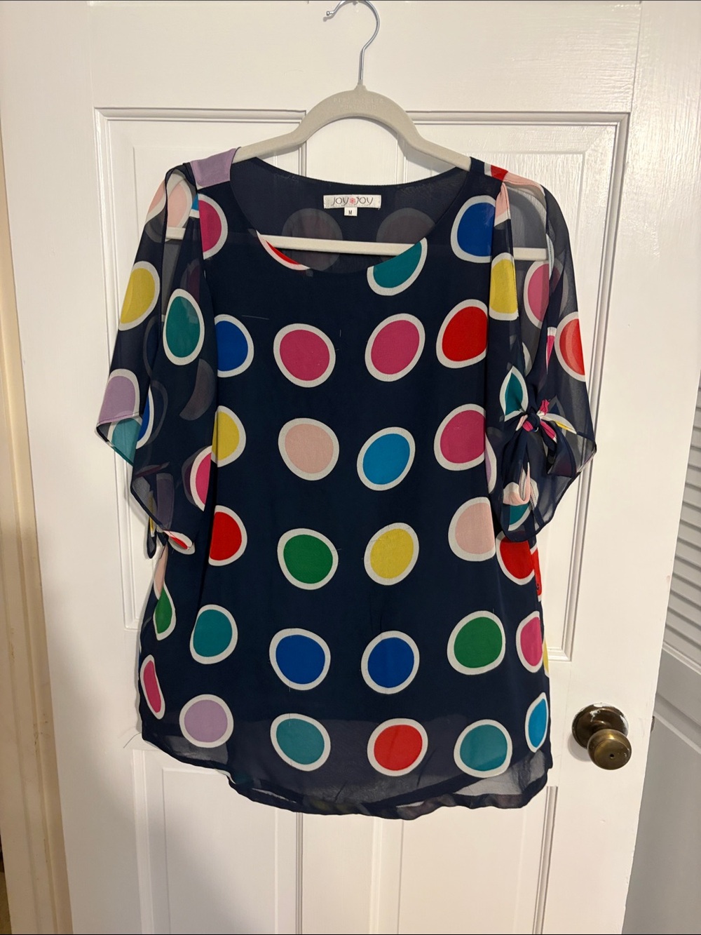 Joy Joy Navy Polka Dot Sheer Blouse with Tie Sleeve